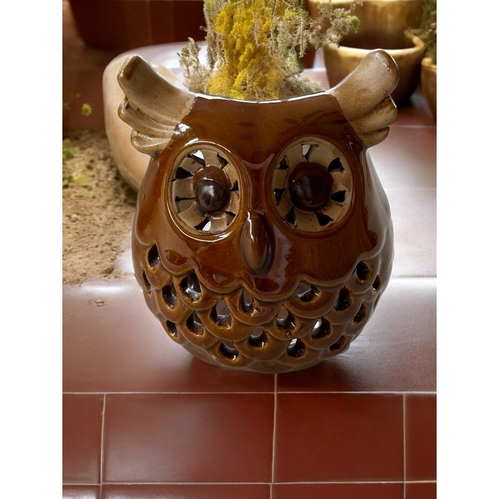 Ceramic  Brown and Tan Owl Tea Light Candle Holder